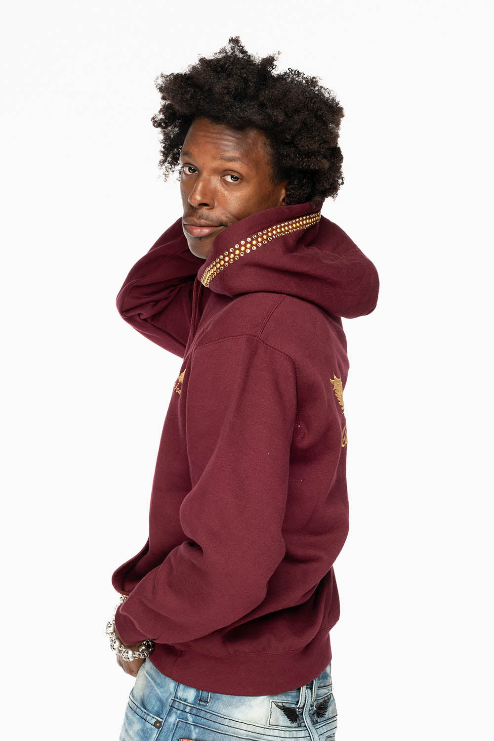 ROBIN’S JEAN PULLOVER HOODIE IN BURGUNDY EMBELLISHED WITH  CRYSTALS  AND NAILHEADS