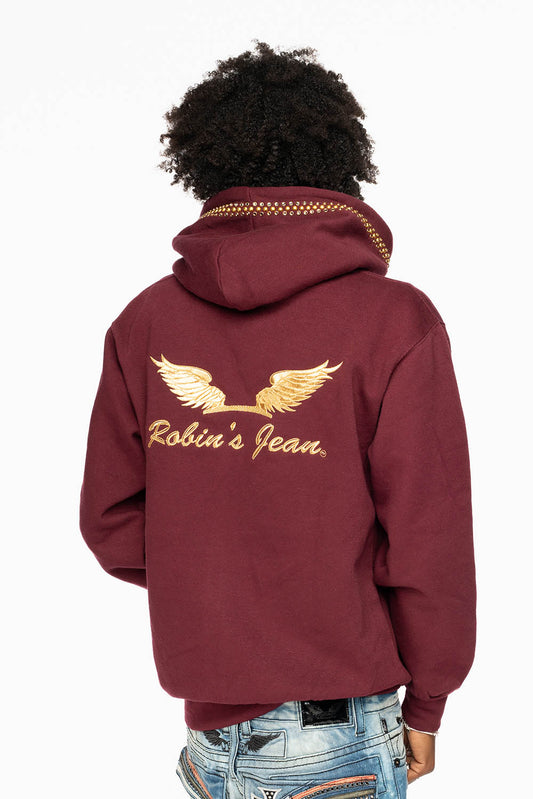 ROBIN’S JEAN PULLOVER HOODIE IN BURGUNDY EMBELLISHED WITH  CRYSTALS  AND NAILHEADS