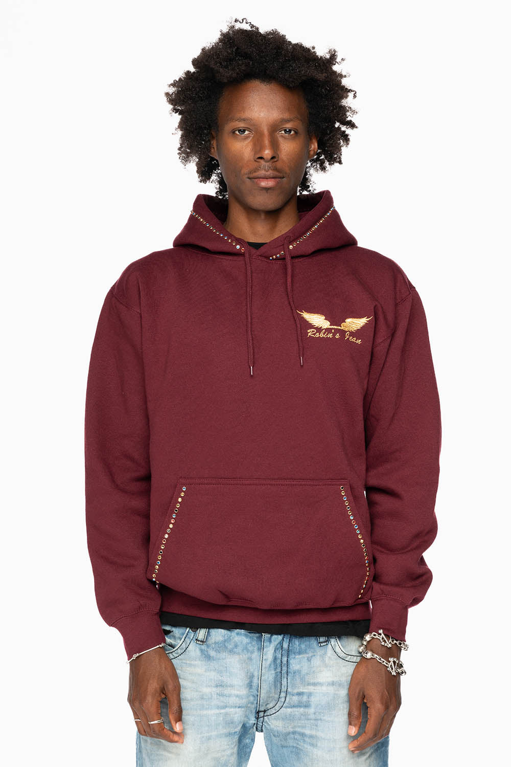 ROBIN’S JEAN PULLOVER HOODIE IN BURGUNDY EMBELLISHED WITH MULTI-COLOR CRYSTALS