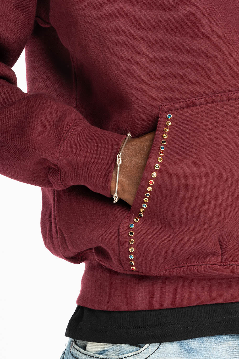 ROBIN’S JEAN PULLOVER HOODIE IN BURGUNDY EMBELLISHED WITH MULTI-COLOR CRYSTALS