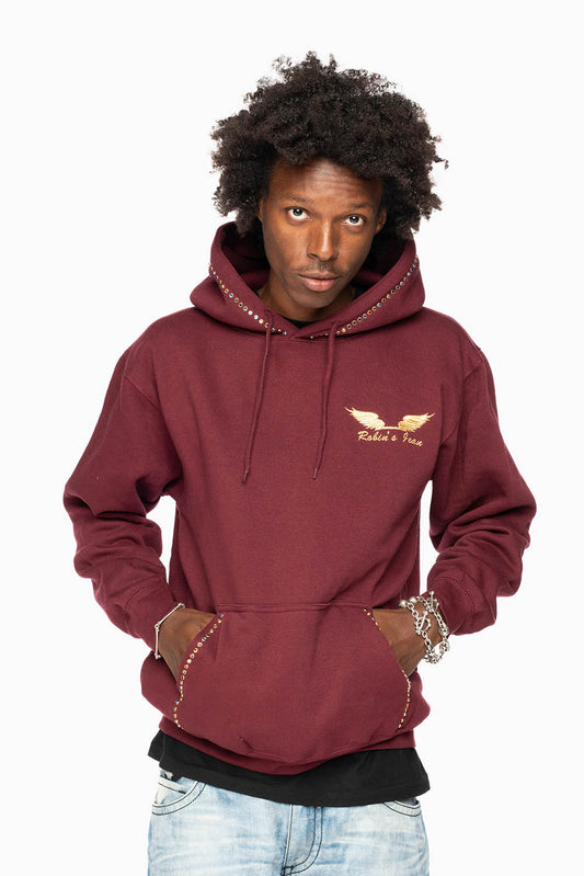 ROBIN’S JEAN PULLOVER HOODIE IN BURGUNDY EMBELLISHED WITH MULTI-COLOR CRYSTALS