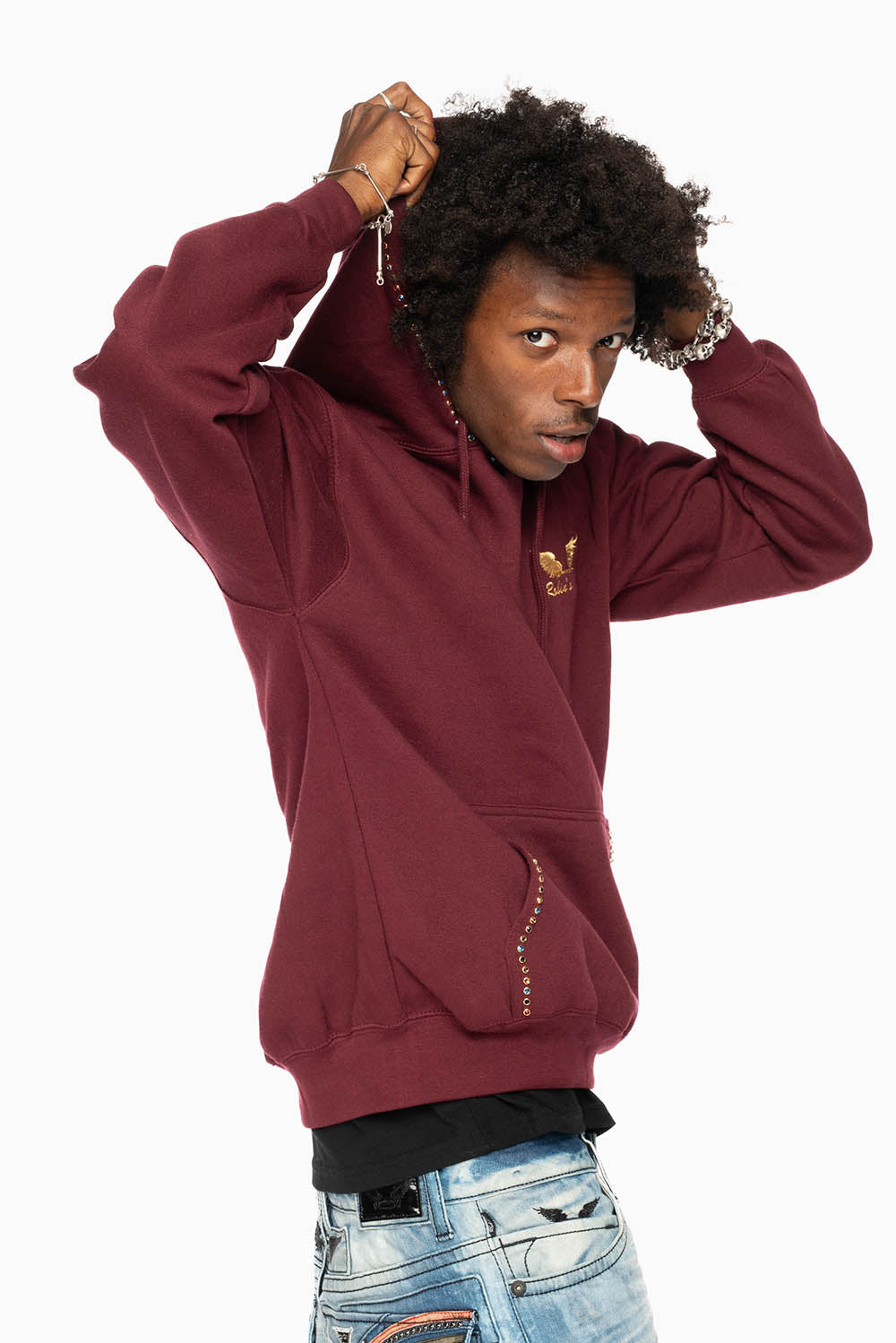 ROBIN’S JEAN PULLOVER HOODIE IN BURGUNDY EMBELLISHED WITH MULTI-COLOR CRYSTALS