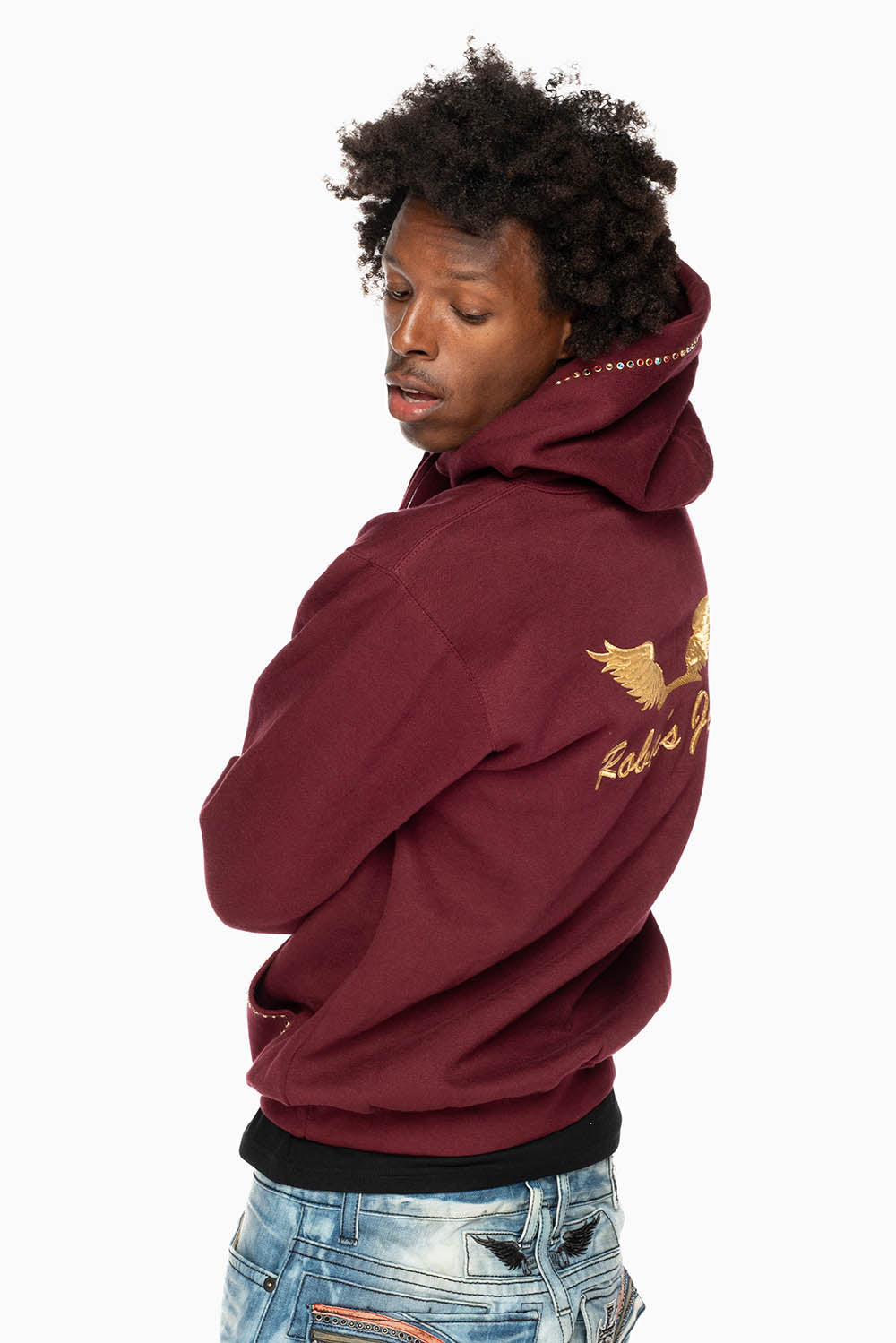 ROBIN’S JEAN PULLOVER HOODIE IN BURGUNDY EMBELLISHED WITH MULTI-COLOR CRYSTALS