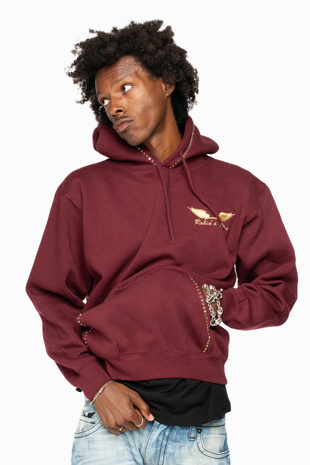 ROBIN’S JEAN PULLOVER HOODIE IN BURGUNDY EMBELLISHED WITH MULTI-COLOR CRYSTALS