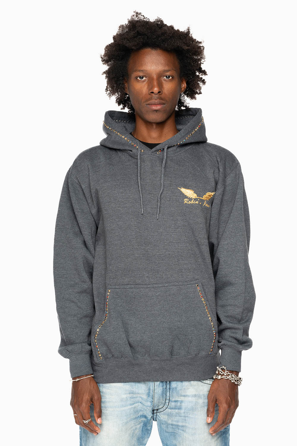 ROBIN’S JEAN PULLOVER HOODIE IN DARK HEATHER EMBELLISHED WITH MULTI-COLOR CRYSTALS