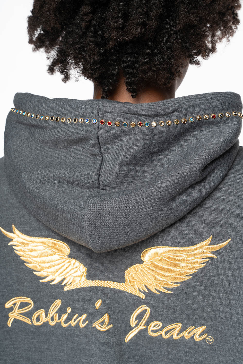 ROBIN’S JEAN PULLOVER HOODIE IN DARK HEATHER EMBELLISHED WITH MULTI-COLOR CRYSTALS