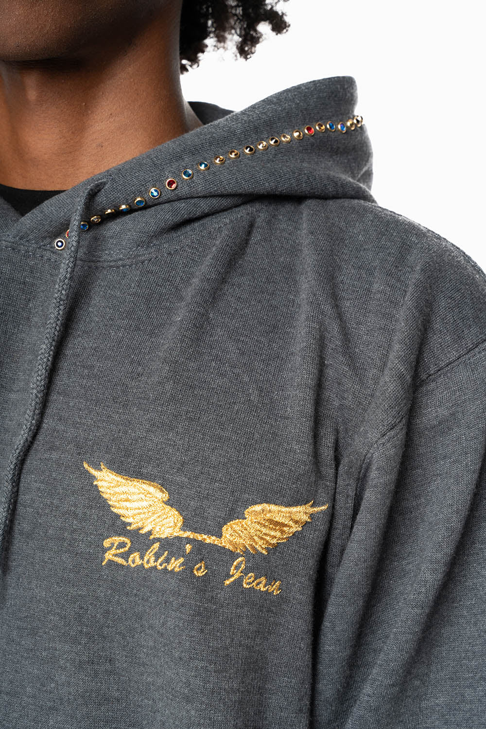 ROBIN’S JEAN PULLOVER HOODIE IN DARK HEATHER EMBELLISHED WITH MULTI-COLOR CRYSTALS