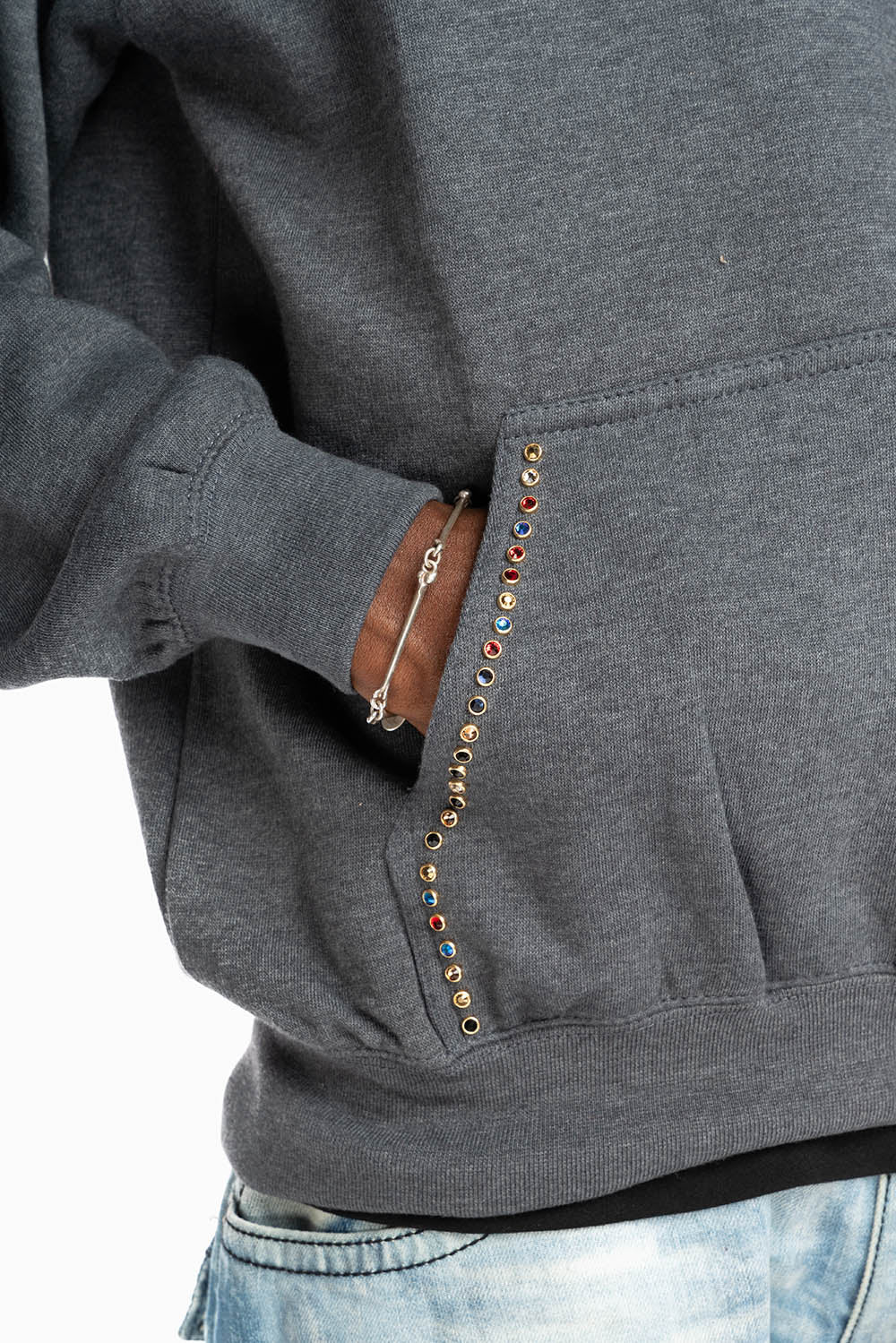 ROBIN’S JEAN PULLOVER HOODIE IN DARK HEATHER EMBELLISHED WITH MULTI-COLOR CRYSTALS