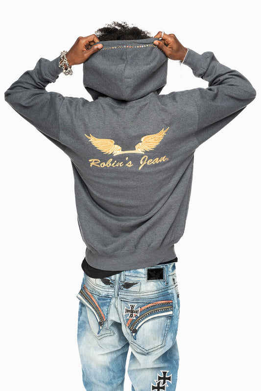 ROBIN’S JEAN PULLOVER HOODIE IN DARK HEATHER EMBELLISHED WITH MULTI-COLOR CRYSTALS