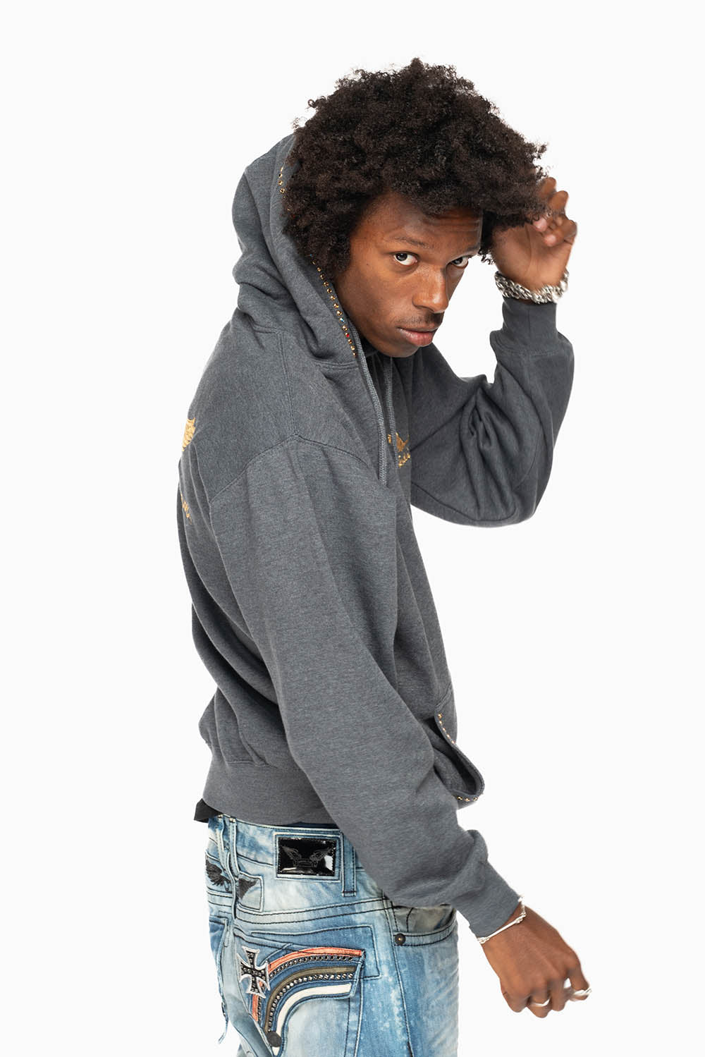 ROBIN’S JEAN PULLOVER HOODIE IN DARK HEATHER EMBELLISHED WITH MULTI-COLOR CRYSTALS