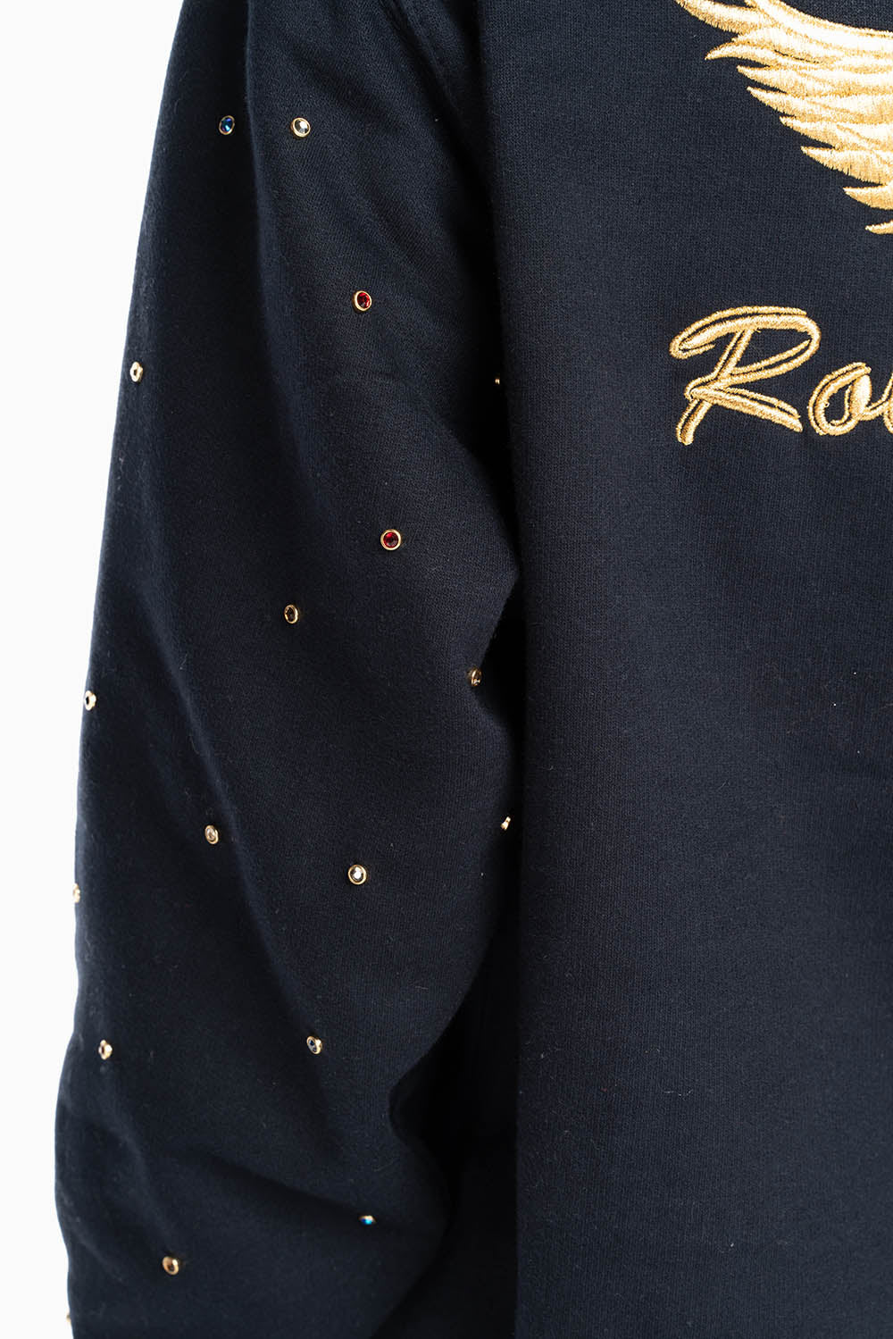 ROBIN’S JEAN PULLOVER HOODIE IN NAVY EMBELLISHED SLEEVES WITH CRYSTALS AND GOLD WINGS EMBROIDERY