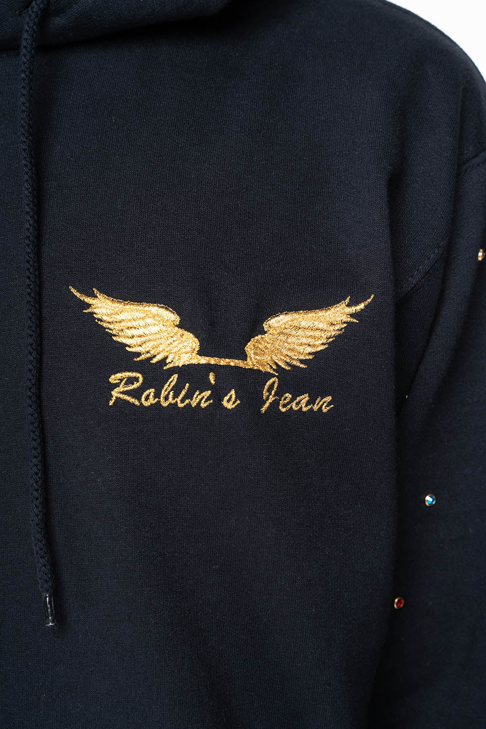 ROBIN’S JEAN PULLOVER HOODIE IN NAVY EMBELLISHED SLEEVES WITH CRYSTALS AND GOLD WINGS EMBROIDERY