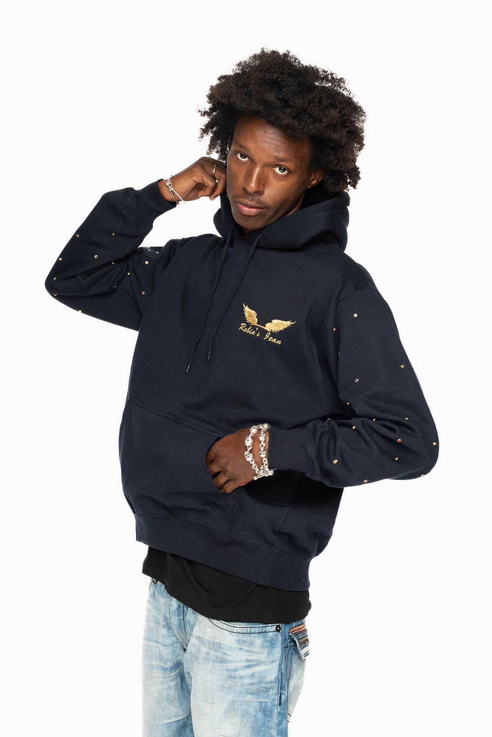 ROBIN’S JEAN PULLOVER HOODIE IN NAVY EMBELLISHED SLEEVES WITH CRYSTALS AND GOLD WINGS EMBROIDERY