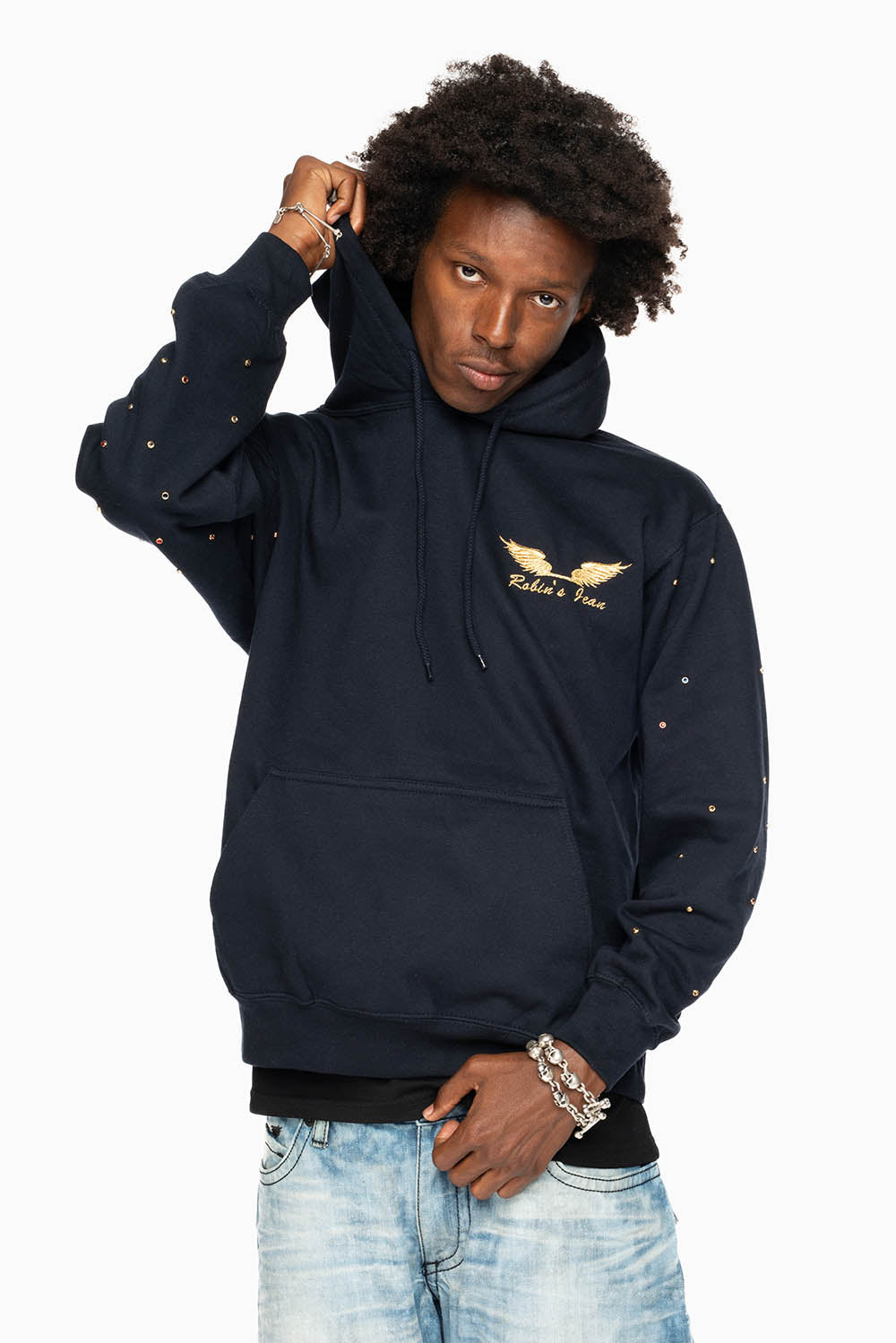 ROBIN’S JEAN PULLOVER HOODIE IN NAVY EMBELLISHED SLEEVES WITH CRYSTALS AND GOLD WINGS EMBROIDERY