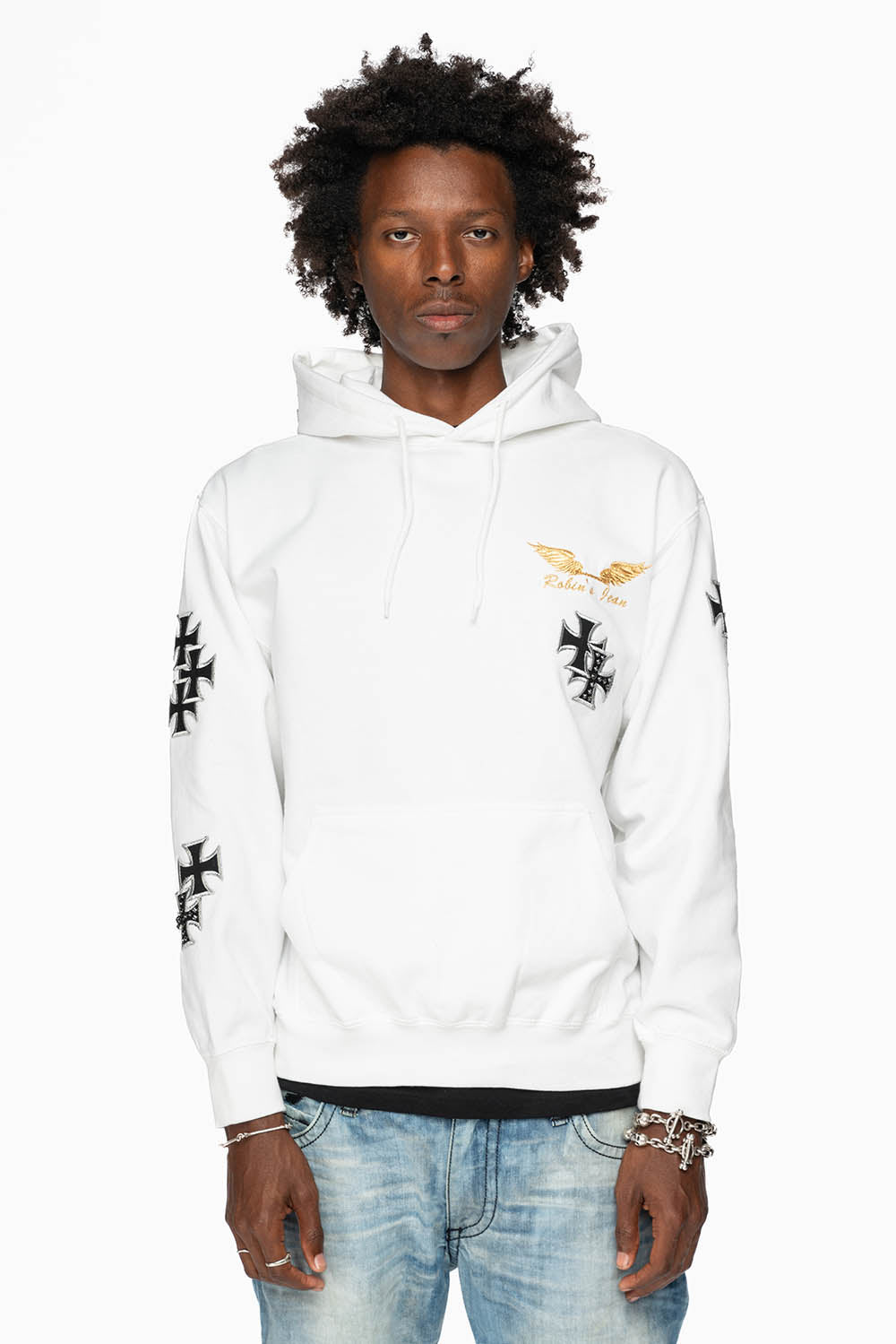 ROBIN’S JEAN PULLOVER HOODIE IN WHITE EMBELLISHED  WITH MEDIEVAL CROSS PATCHES AND  CRYSTALS