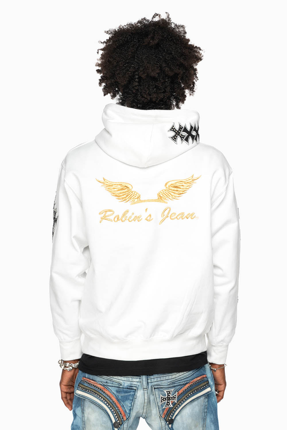 ROBIN’S JEAN PULLOVER HOODIE IN WHITE EMBELLISHED  WITH MEDIEVAL CROSS PATCHES AND  CRYSTALS