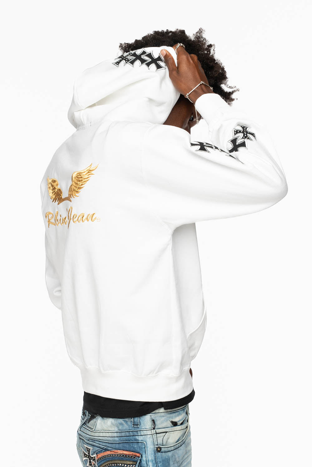 ROBIN’S JEAN PULLOVER HOODIE IN WHITE EMBELLISHED  WITH MEDIEVAL CROSS PATCHES AND  CRYSTALS