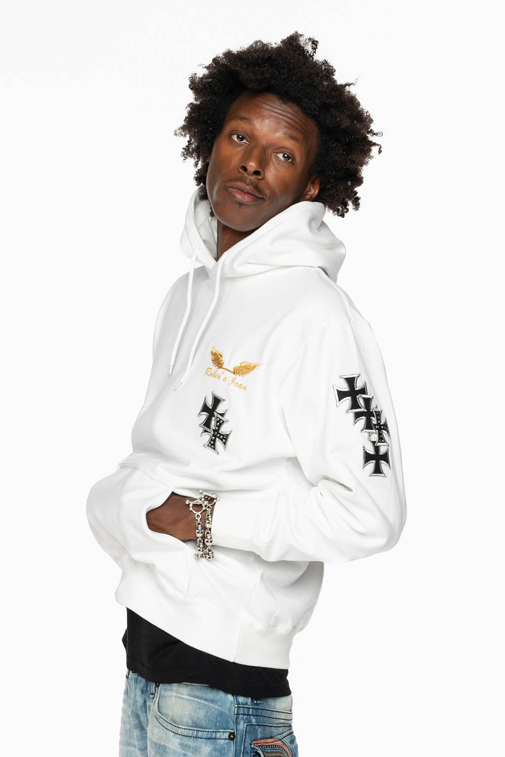 ROBIN’S JEAN PULLOVER HOODIE IN WHITE EMBELLISHED  WITH MEDIEVAL CROSS PATCHES AND  CRYSTALS