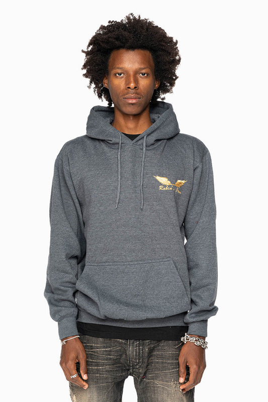 ROBIN’S JEAN PULLOVER HOODIE IN DARK HEATHER WITH GOLD WINGS EMBROIDERY