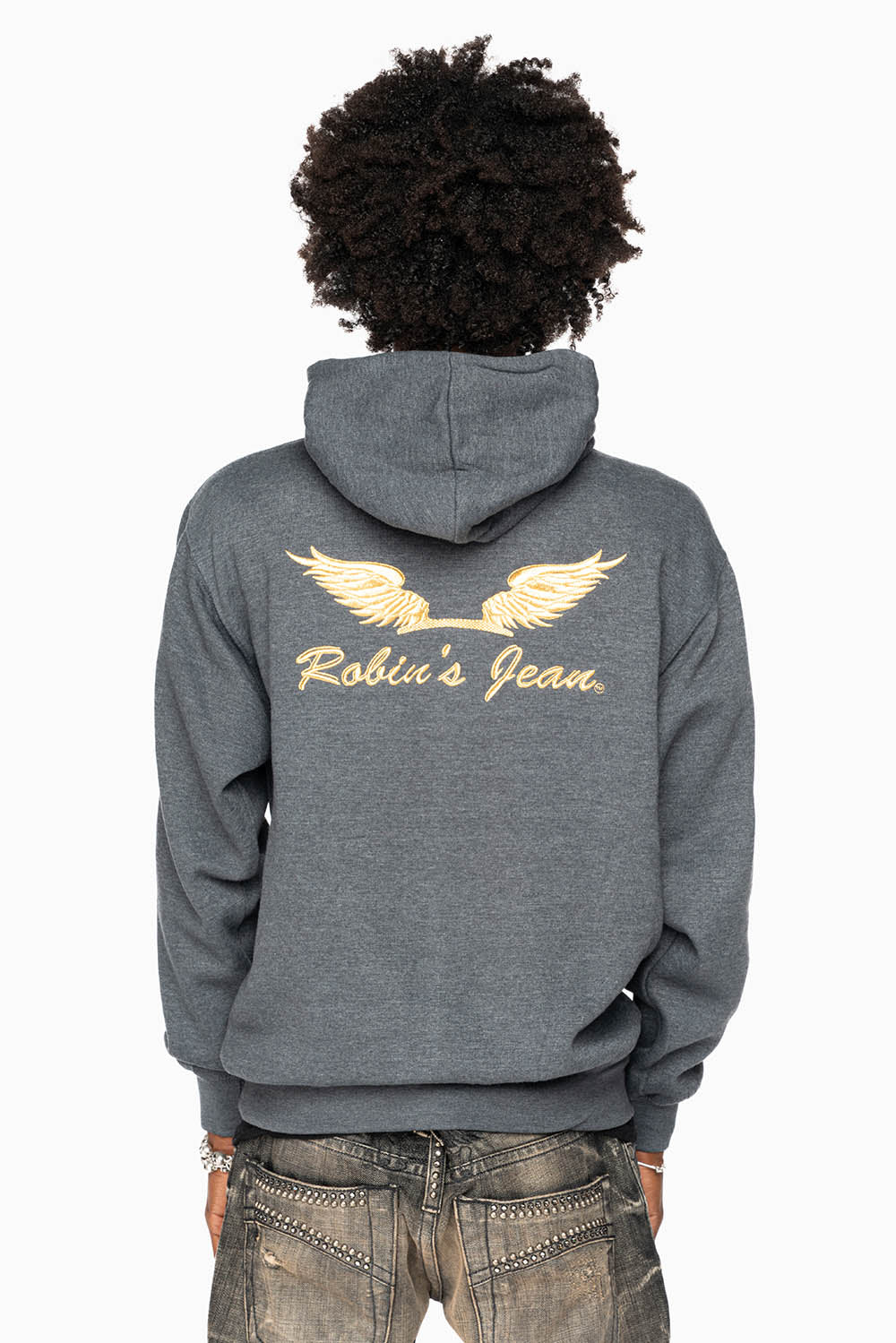 ROBIN’S JEAN PULLOVER HOODIE IN DARK HEATHER WITH GOLD WINGS EMBROIDERY
