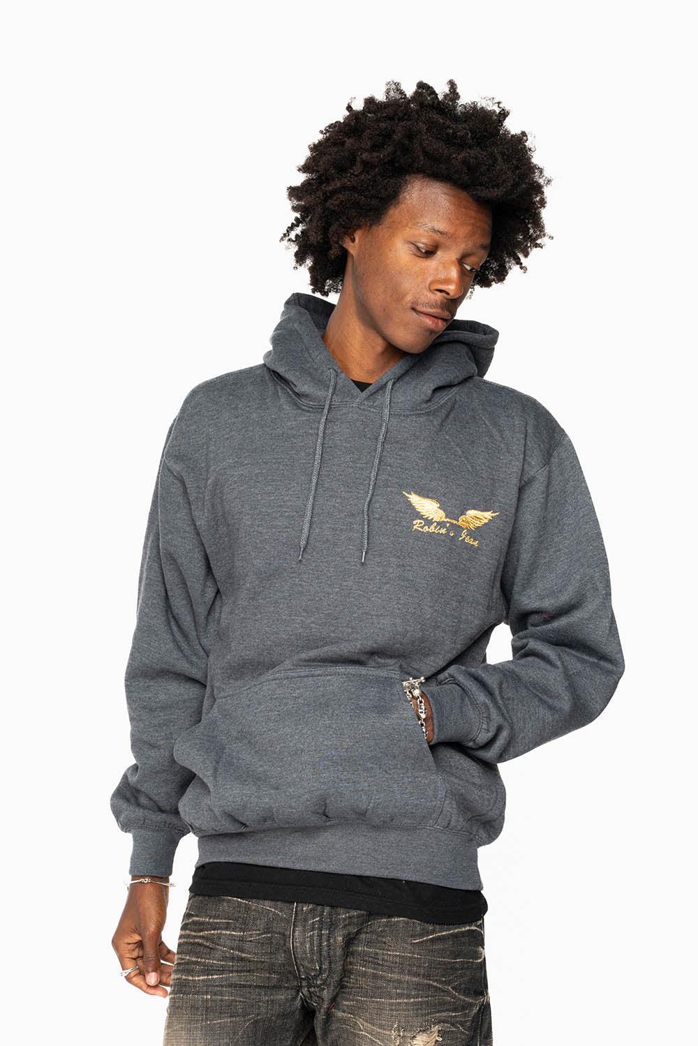 ROBIN’S JEAN PULLOVER HOODIE IN DARK HEATHER WITH GOLD WINGS EMBROIDERY