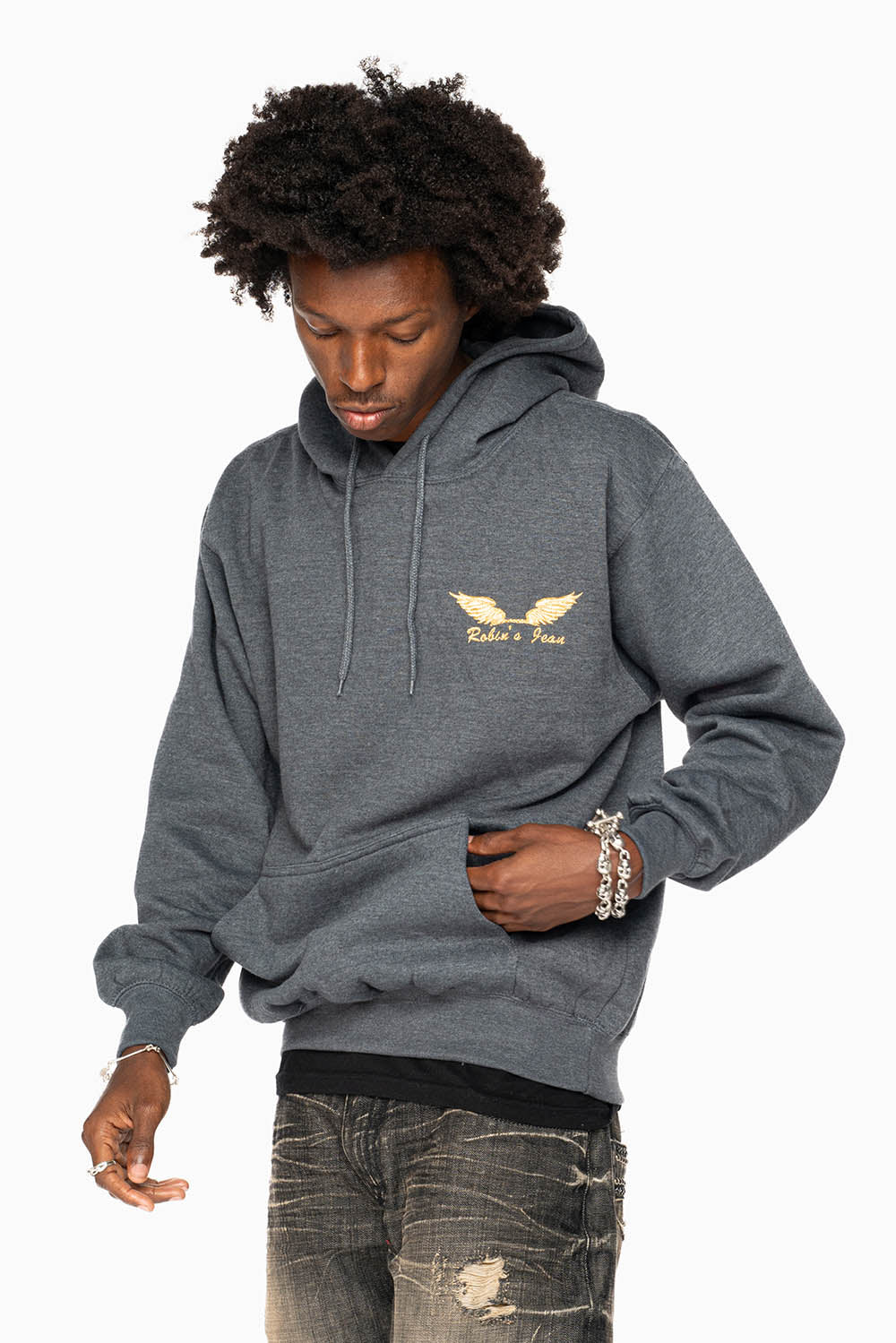 ROBIN’S JEAN PULLOVER HOODIE IN DARK HEATHER WITH GOLD WINGS EMBROIDERY