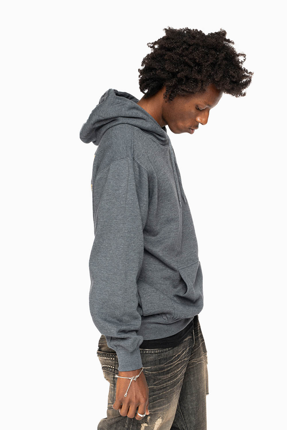 ROBIN’S JEAN PULLOVER HOODIE IN DARK HEATHER WITH GOLD WINGS EMBROIDERY