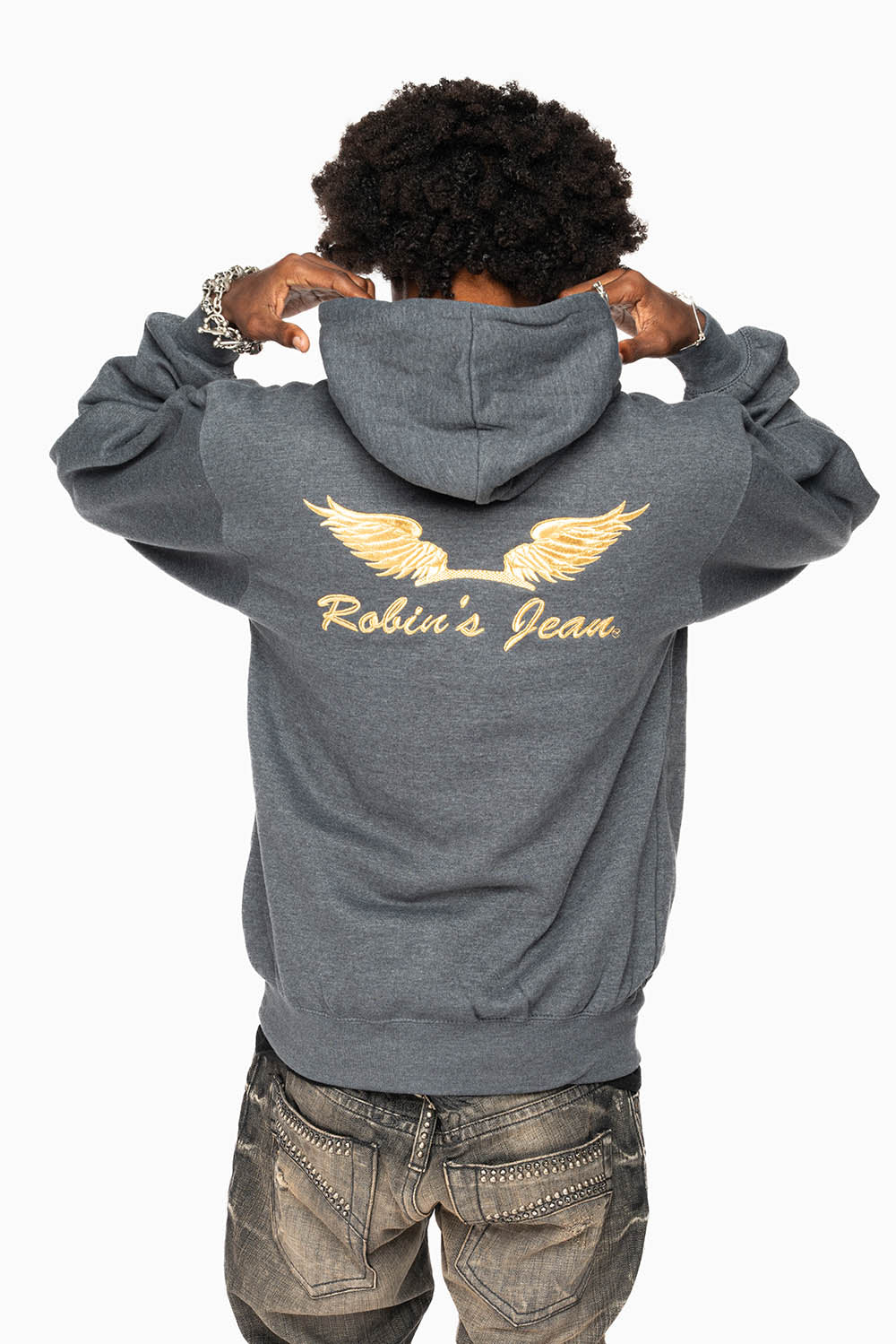 ROBIN’S JEAN PULLOVER HOODIE IN DARK HEATHER WITH GOLD WINGS EMBROIDERY