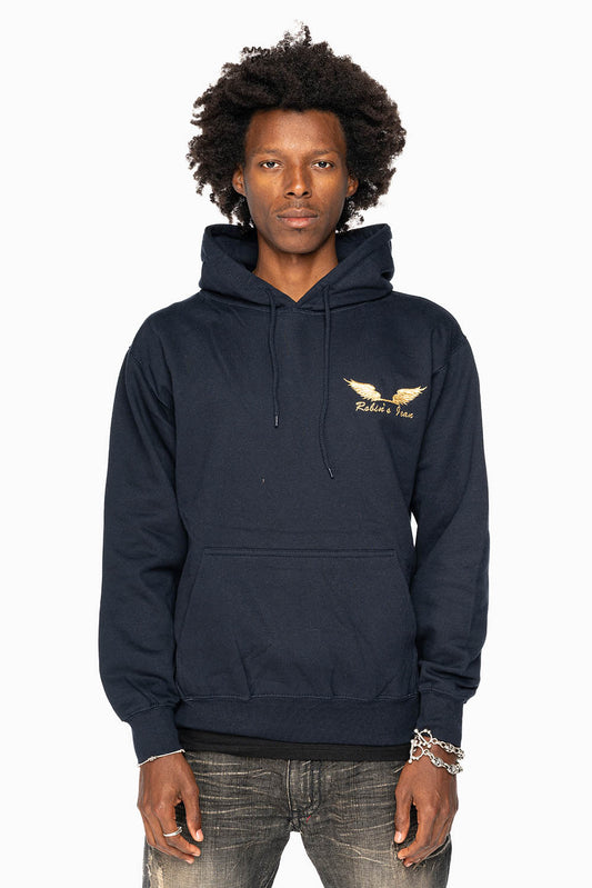 ROBIN’S JEAN PULLOVER HOODIE IN NAVY WITH GOLD WINGS EMBROIDERY