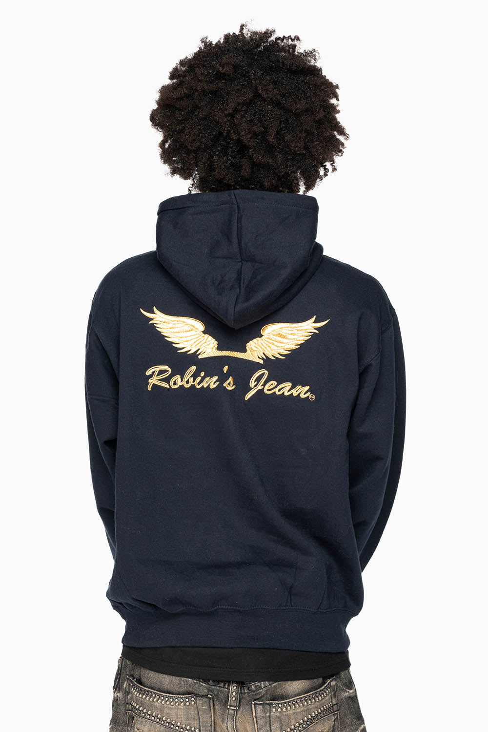 ROBIN’S JEAN PULLOVER HOODIE IN NAVY WITH GOLD WINGS EMBROIDERY