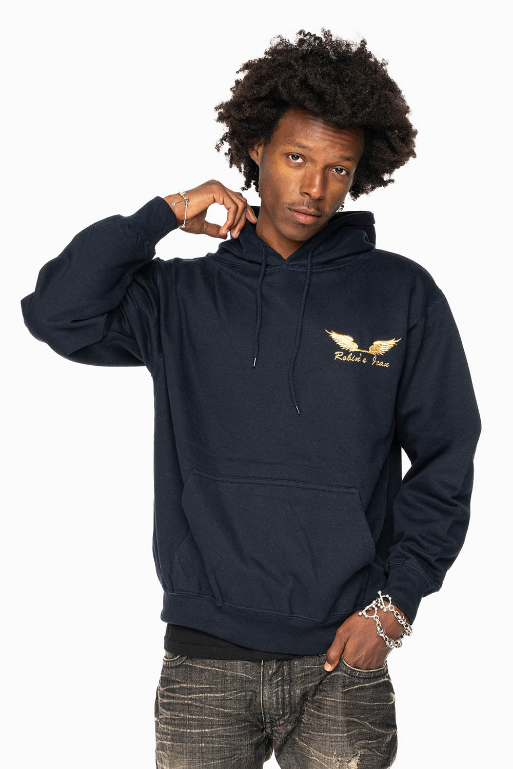 ROBIN’S JEAN PULLOVER HOODIE IN NAVY WITH GOLD WINGS EMBROIDERY
