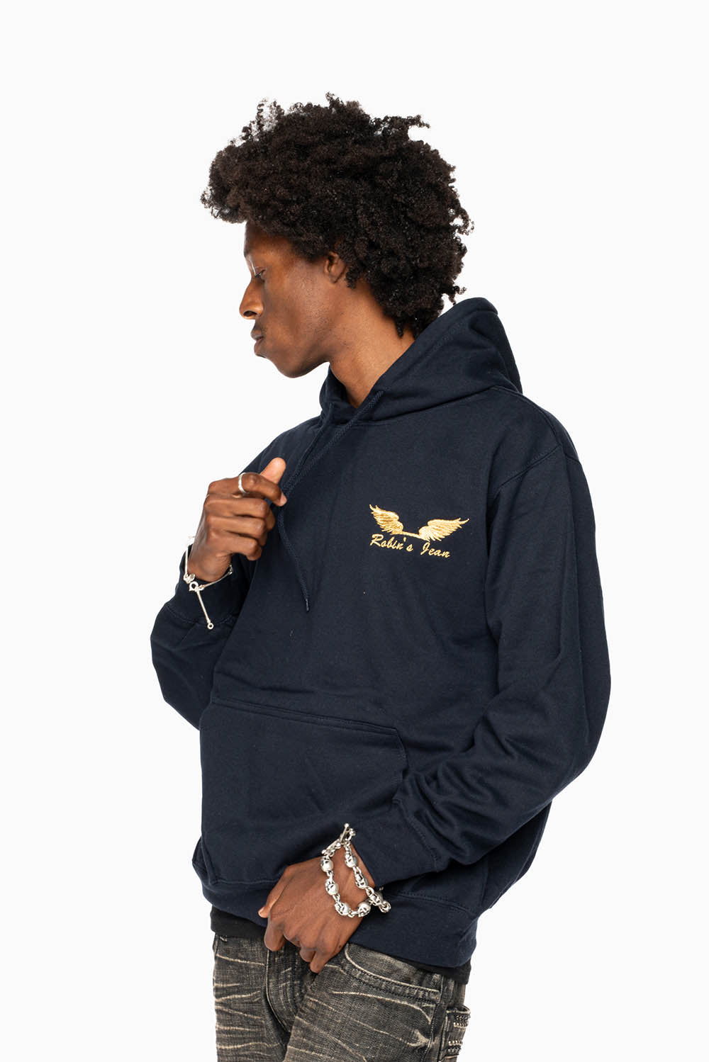 ROBIN’S JEAN PULLOVER HOODIE IN NAVY WITH GOLD WINGS EMBROIDERY