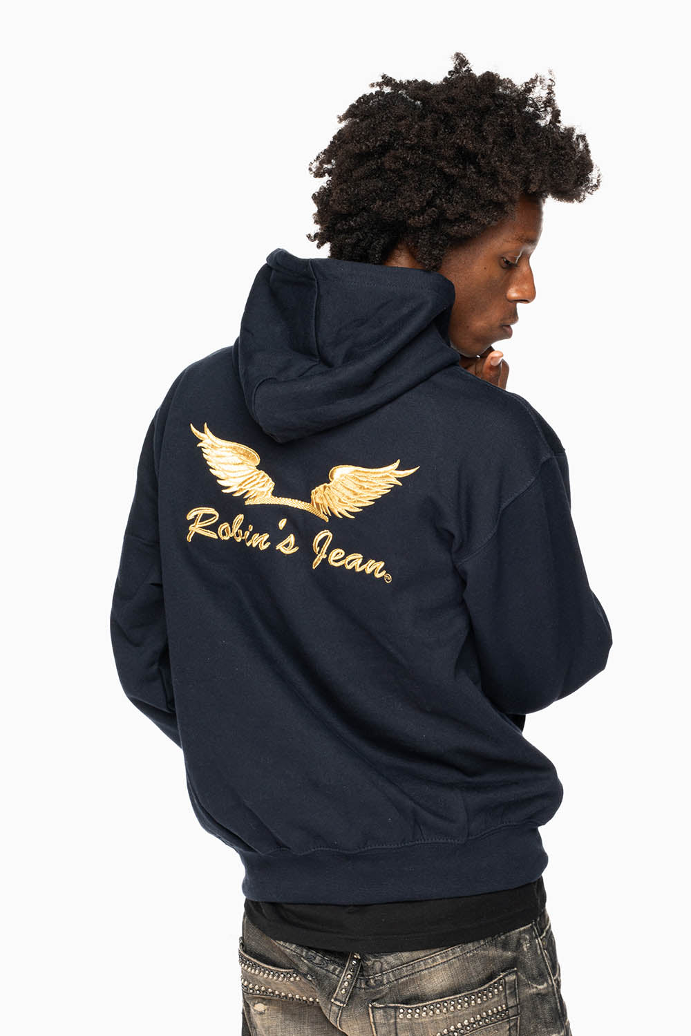 ROBIN’S JEAN PULLOVER HOODIE IN NAVY WITH GOLD WINGS EMBROIDERY