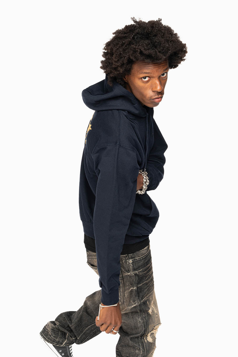 ROBIN’S JEAN PULLOVER HOODIE IN NAVY WITH GOLD WINGS EMBROIDERY