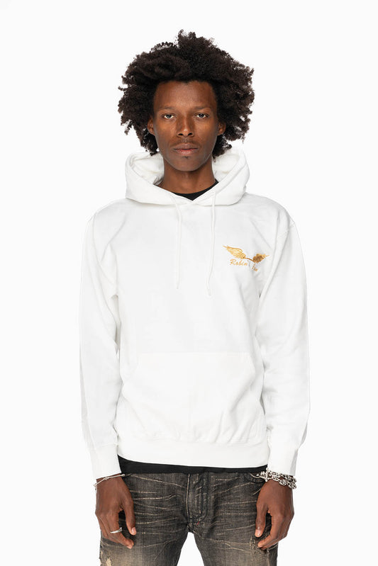 ROBIN’S JEAN PULLOVER HOODIE IN WHITE WITH GOLD WINGS EMBROIDERY