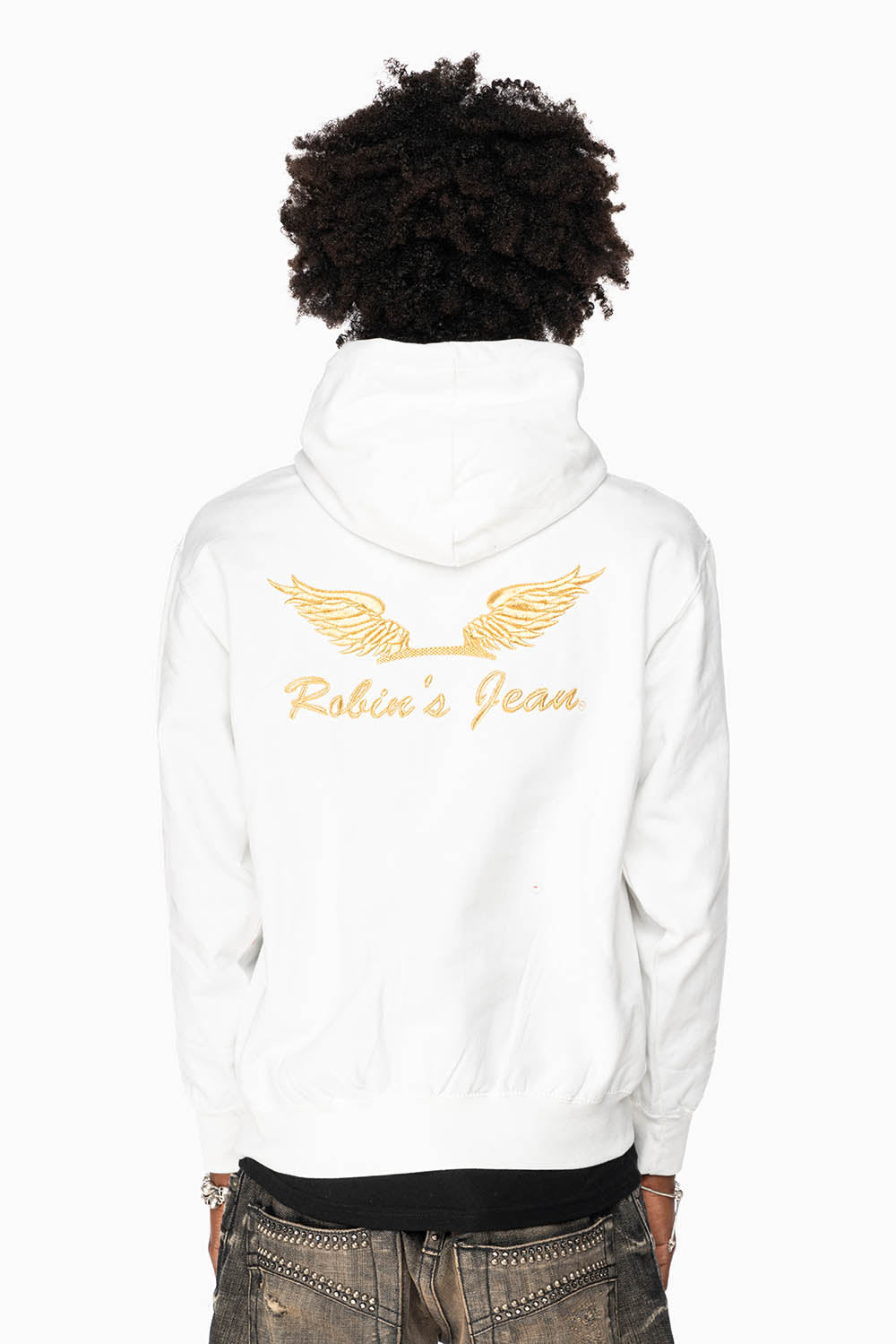 ROBIN’S JEAN PULLOVER HOODIE IN WHITE WITH GOLD WINGS EMBROIDERY