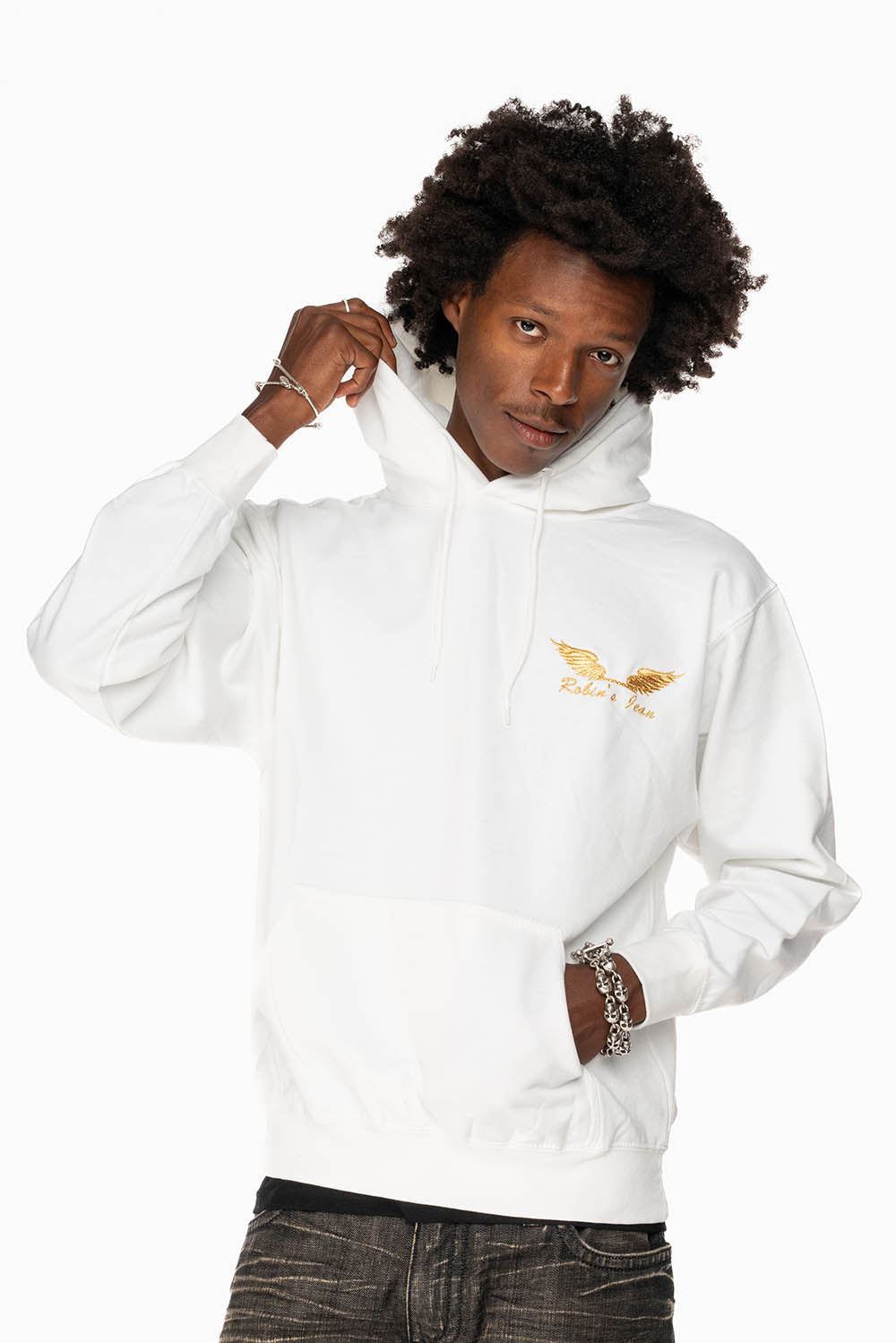 ROBIN’S JEAN PULLOVER HOODIE IN WHITE WITH GOLD WINGS EMBROIDERY