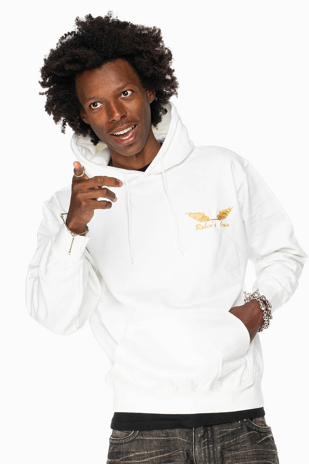 ROBIN’S JEAN PULLOVER HOODIE IN WHITE WITH GOLD WINGS EMBROIDERY