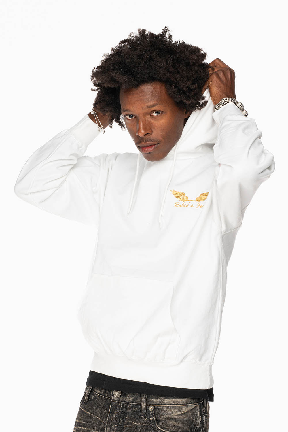 ROBIN’S JEAN PULLOVER HOODIE IN WHITE WITH GOLD WINGS EMBROIDERY