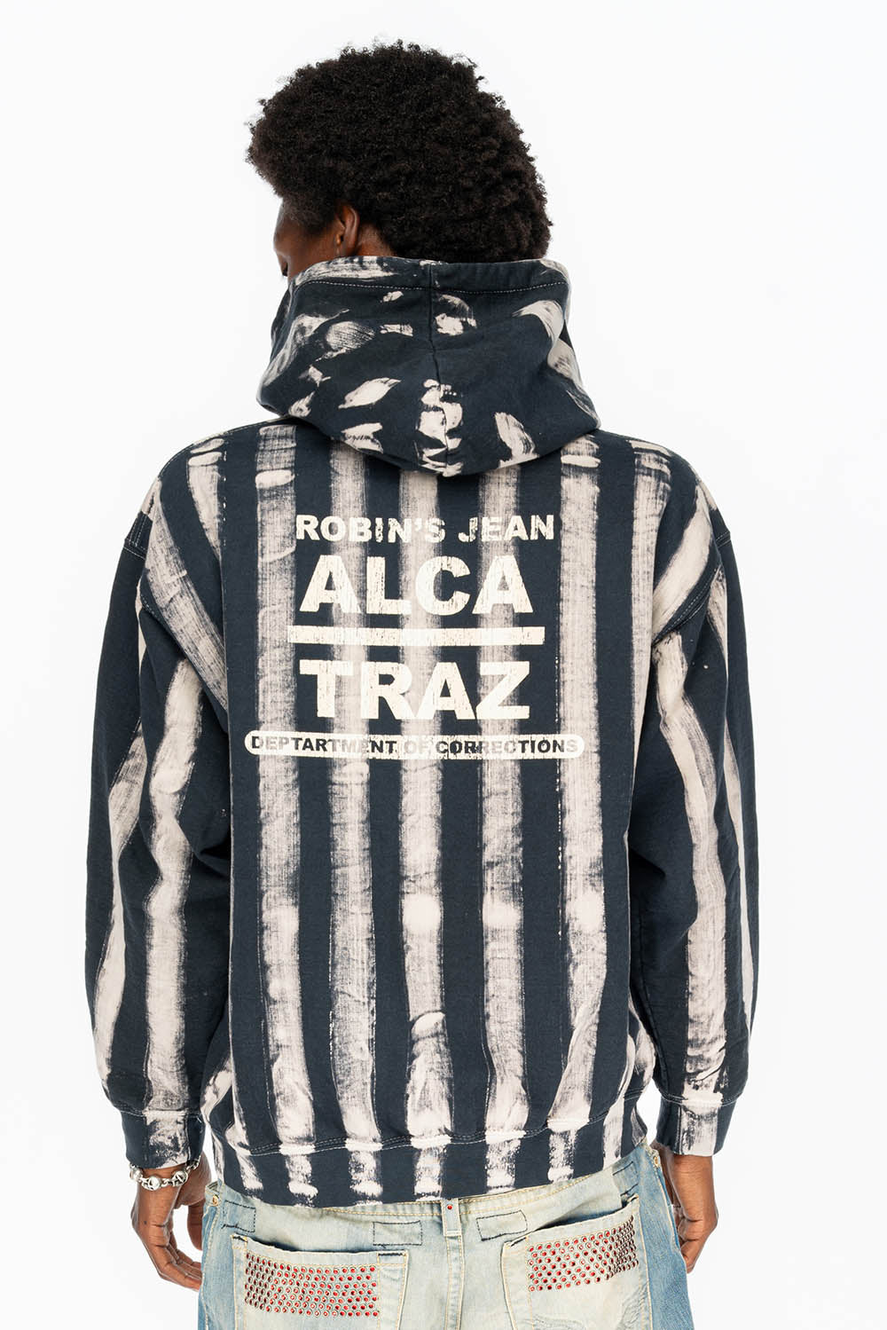 PRISONER BLACK/WHITE PULLOVER HOODIE WITH RJ ALCATRAZ PRINT DESCRIPTION