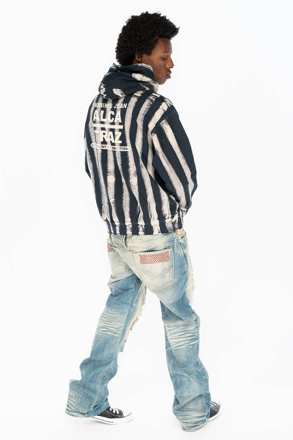 PRISONER BLACK/WHITE PULLOVER HOODIE WITH RJ ALCATRAZ PRINT DESCRIPTION