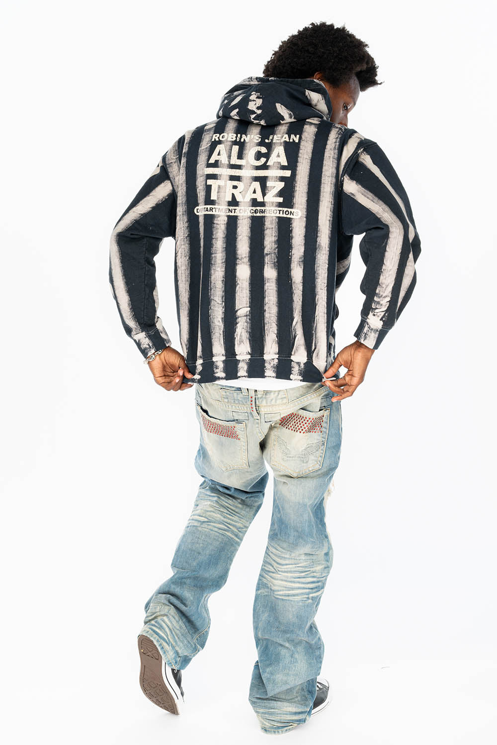PRISONER BLACK/WHITE PULLOVER HOODIE WITH RJ ALCATRAZ PRINT DESCRIPTION