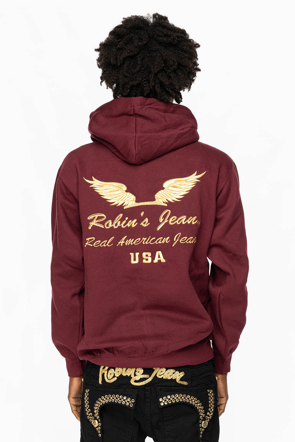 PULLOVER HOODIE IN BURGANDY WITH GOLD WINGS EMBROIDERY