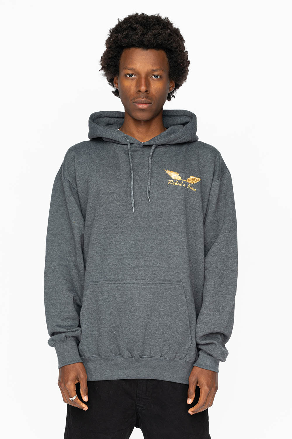 PULLOVER HOODIE IN DARK HEATHER WITH GOLD WINGS EMBROIDERY