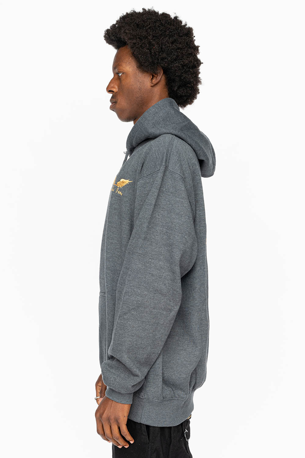 PULLOVER HOODIE IN DARK HEATHER WITH GOLD WINGS EMBROIDERY
