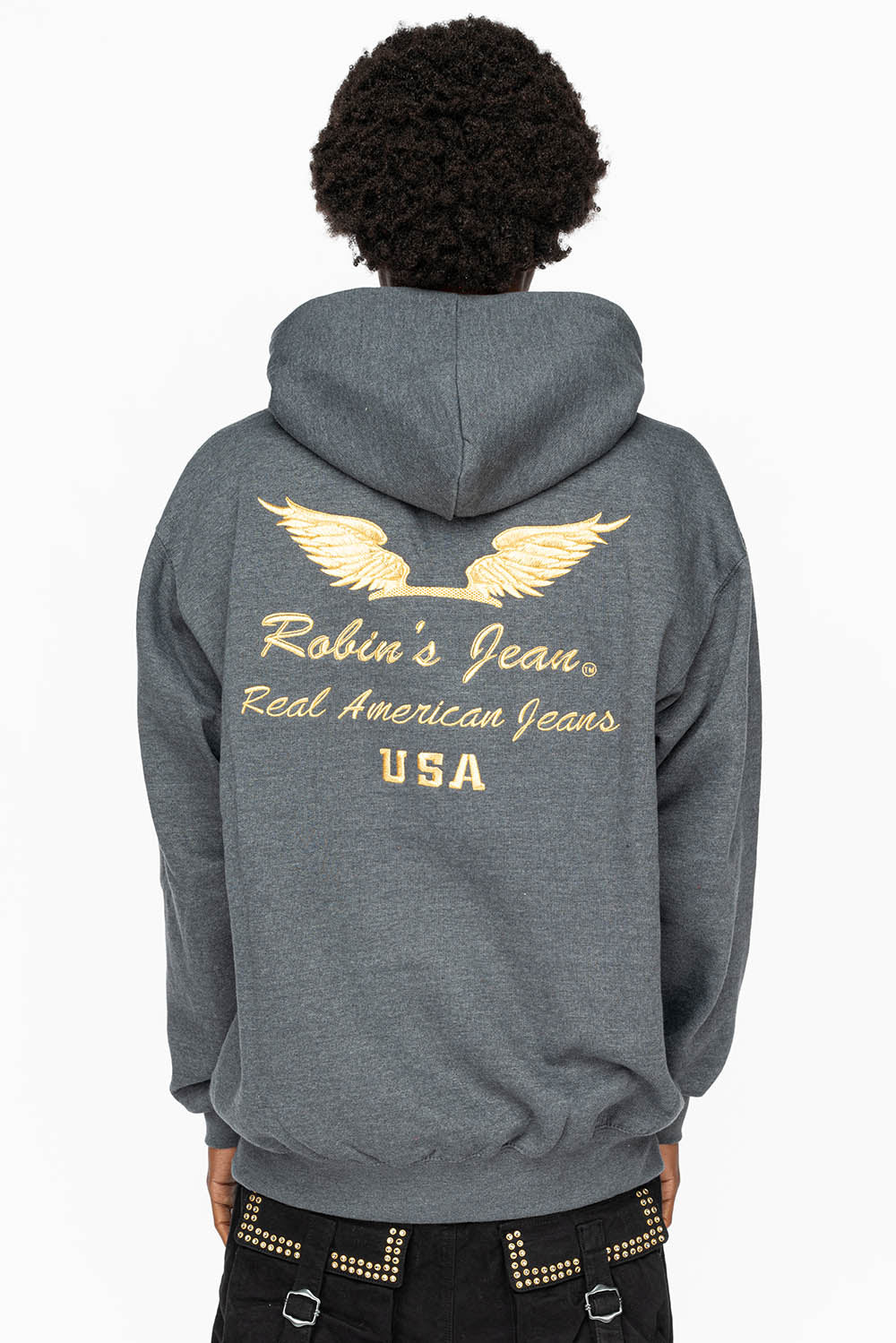 PULLOVER HOODIE IN DARK HEATHER WITH GOLD WINGS EMBROIDERY