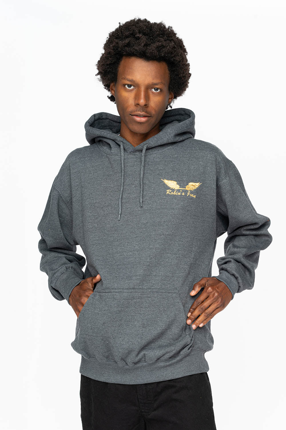 PULLOVER HOODIE IN DARK HEATHER WITH GOLD WINGS EMBROIDERY