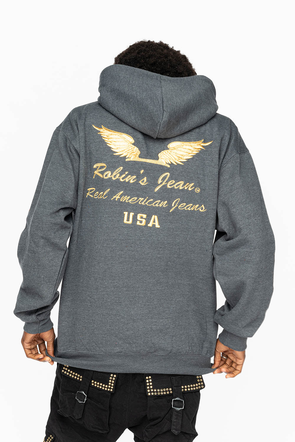 PULLOVER HOODIE IN DARK HEATHER WITH GOLD WINGS EMBROIDERY