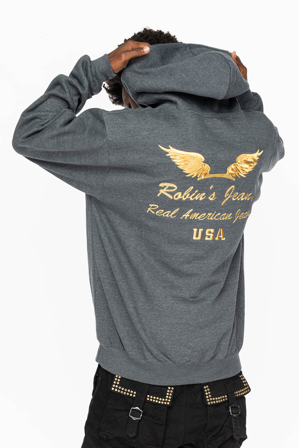 PULLOVER HOODIE IN DARK HEATHER WITH GOLD WINGS EMBROIDERY