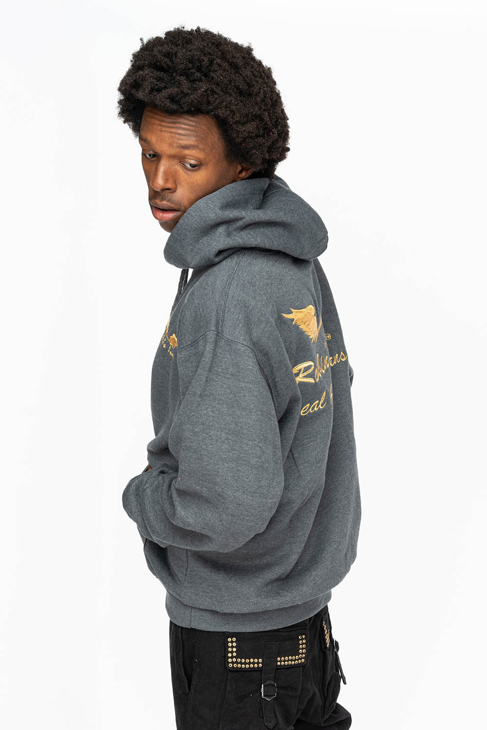 PULLOVER HOODIE IN DARK HEATHER WITH GOLD WINGS EMBROIDERY